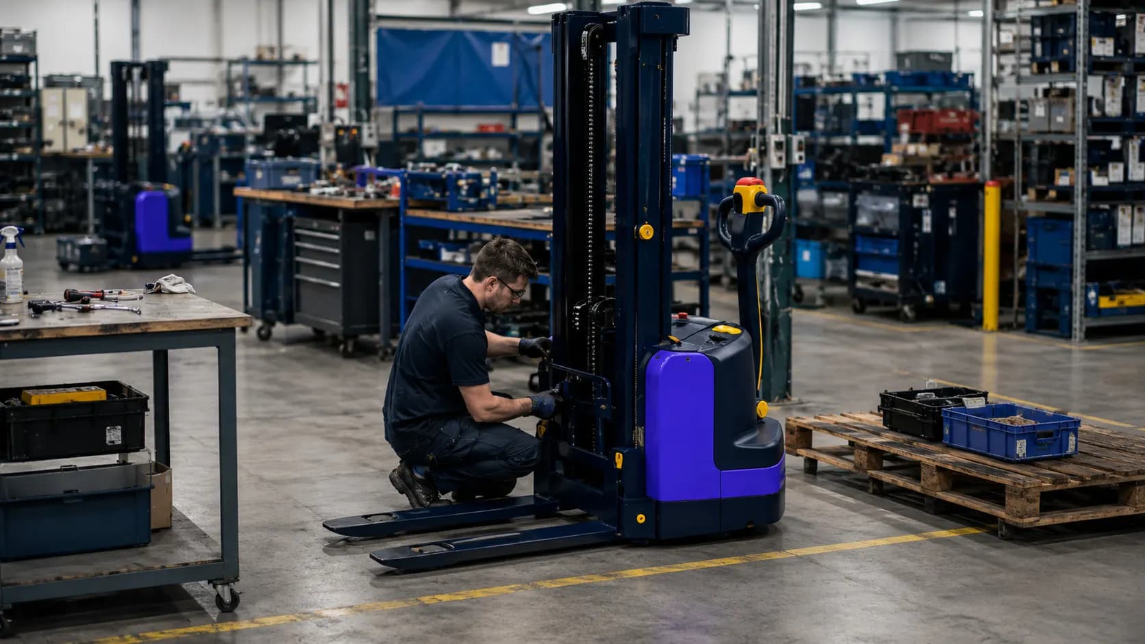 Technicien reconditionnant un chariot de manutention en atelier