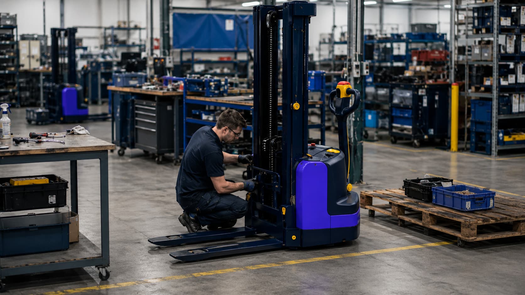 Technicien reconditionnant un chariot de manutention dans un atelier partenaire Smart Reuse