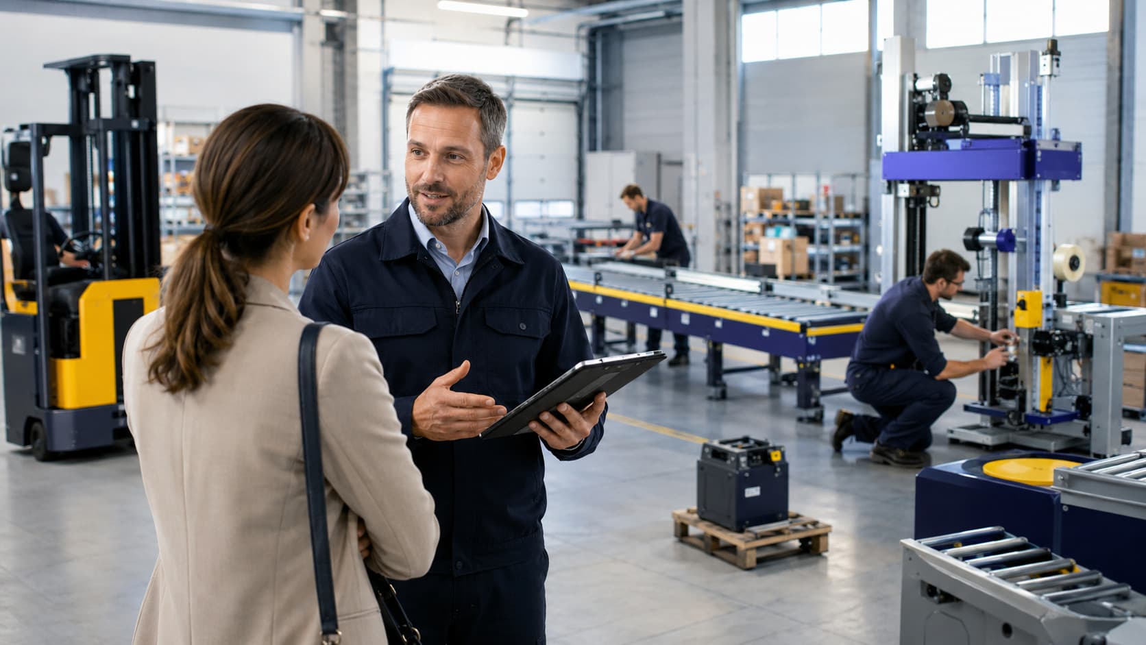 Un interlocuteur Smart Reuse échange avec une cliente sur un site industriel